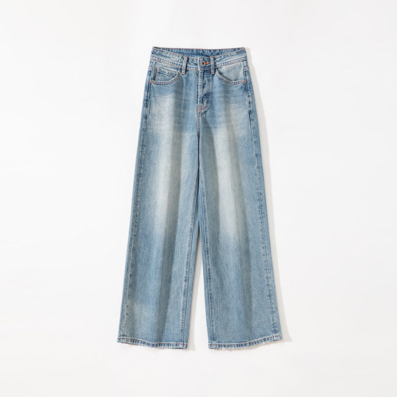 浅蓝色排扣门襟阔腿裤女2026春季新款高腰时尚休闲弹牛仔裤长裤