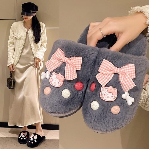 新款蝴蝶结包头棉拖秋冬季新款室内保暖防滑软底毛绒拖鞋卡通可爱