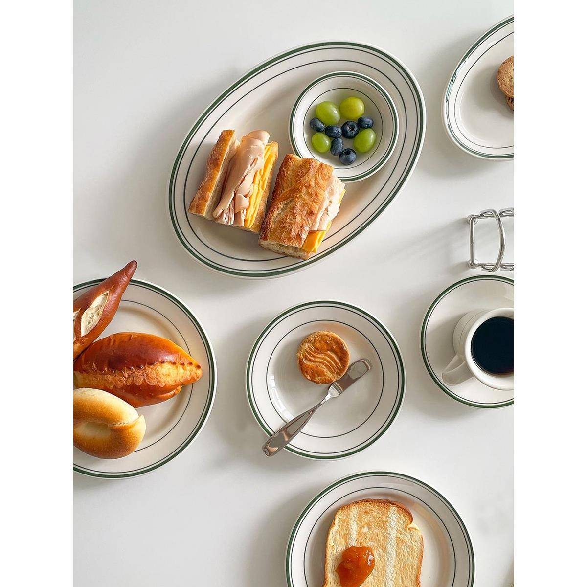 tuxton牛排餐盘陶瓷餐具套装绿色线条盘西餐盘ins风盘子高级感