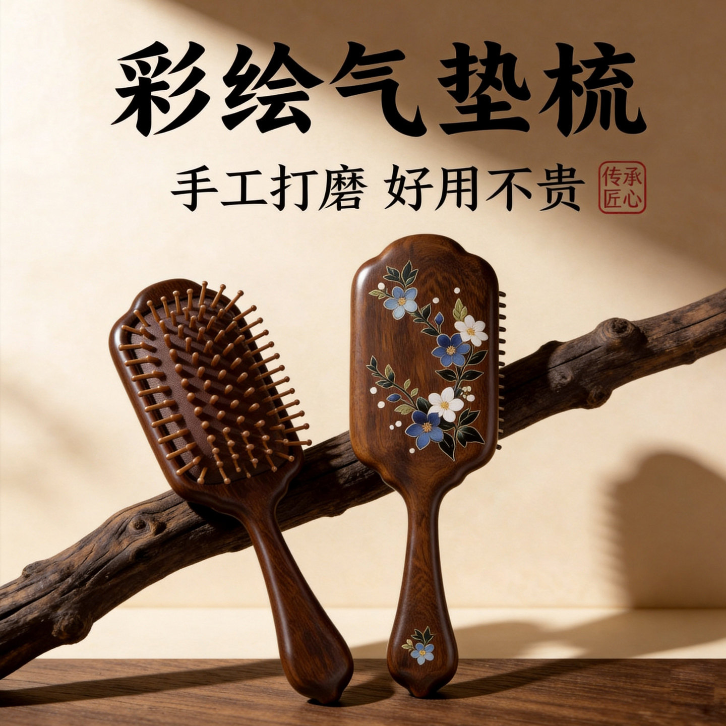 檀木柄彩绘气囊头皮经络按摩梳