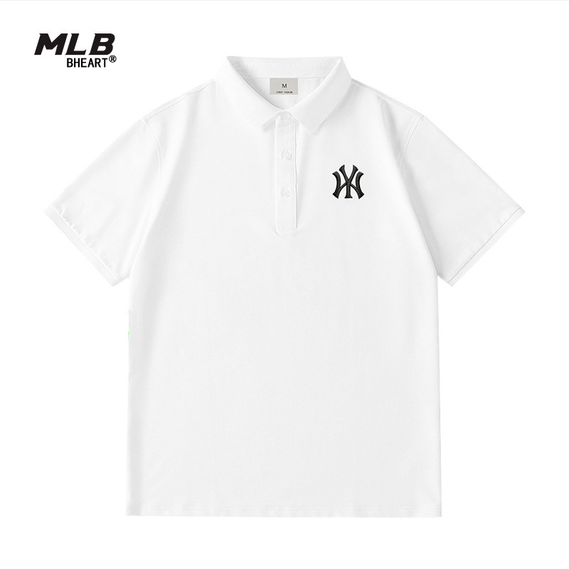 MLB BHEART 공식 핑크 폴로 셔츠 여성용 2024 여름 남성과 여성 커플 캐주얼 옷깃 반팔 티셔츠