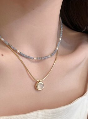 配饰高级坠蓝色叠戴天然奢小众串珠石女法式感轻锁骨链项链双层吊