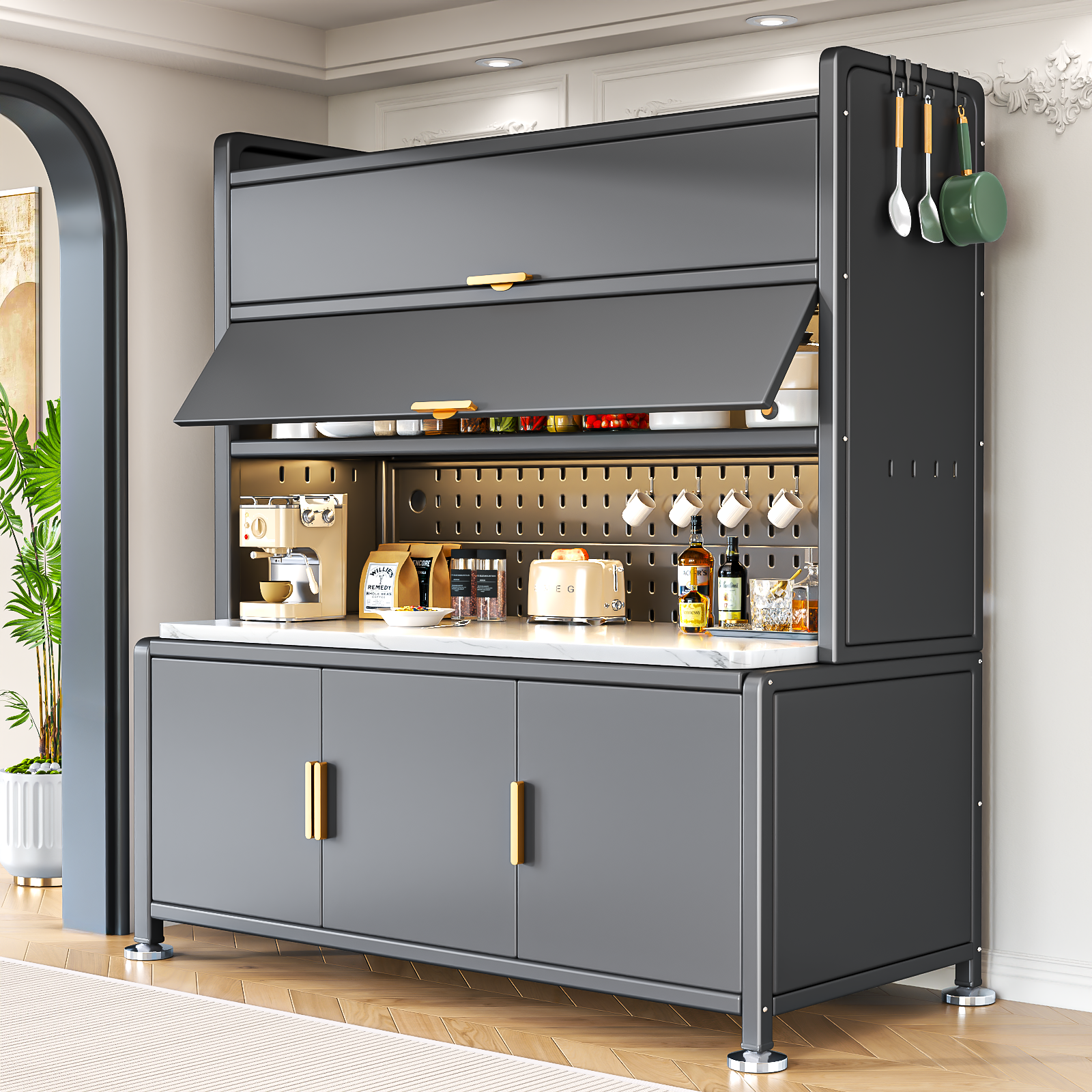 厨房微波炉置物架多功能厨房餐边收纳柜家用储物柜防尘碳钢餐边柜