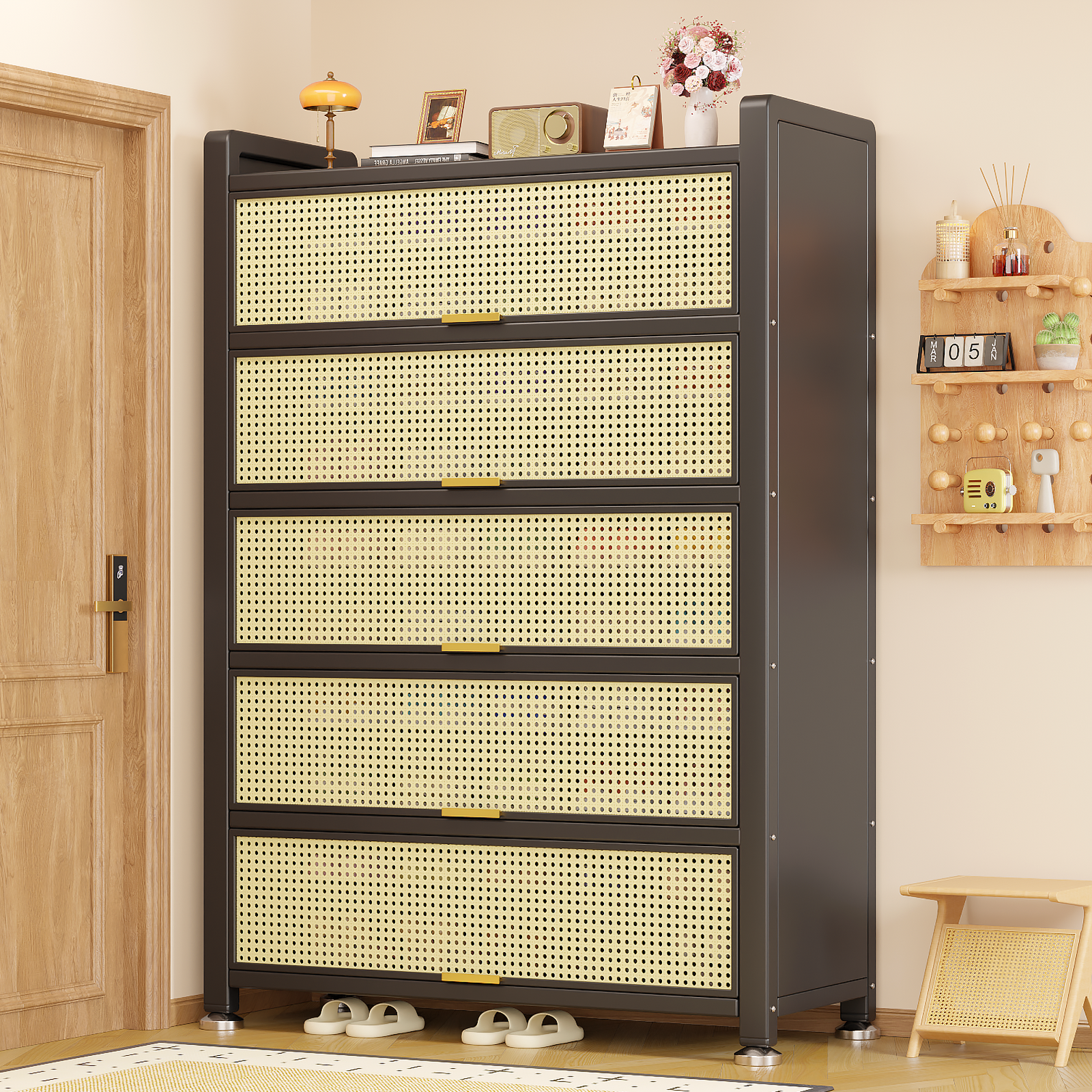 鞋柜钢制家用门口靠墙一体多层储物柜玄关入户大容量藤编防尘鞋架,收纳整理,鞋柜,淘宝优惠券,粉丝福利购,淘宝优惠卷