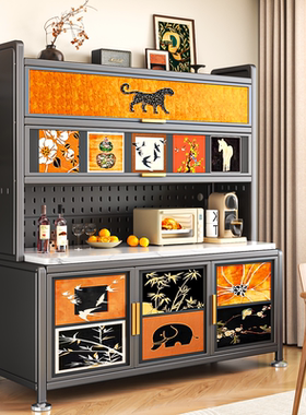 2025新款中古风碳钢餐边柜厨房餐边置物架家用多层多功能岩板橱柜