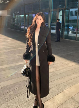 暗夜流光 法式赫本风黑色沙漏收腰长款冬季长款气质高级呢子大衣