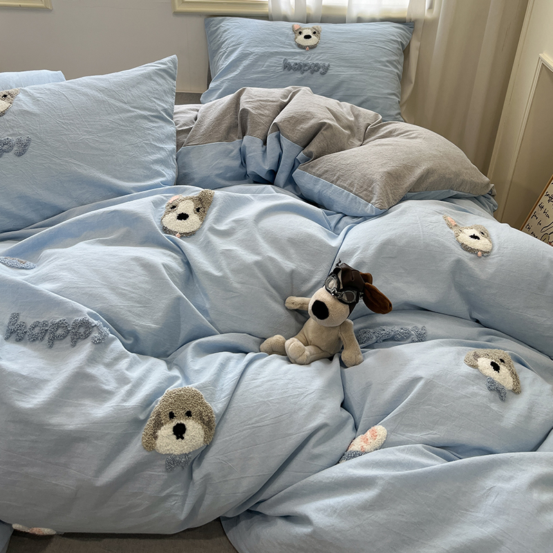 恒源祥卡通可爱小狗毛巾绣四件套全棉纯棉床单被套罩儿童床上用品