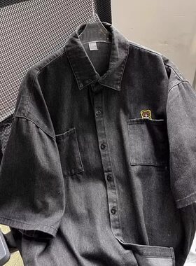 夏装特大码300斤牛仔短袖衬衫