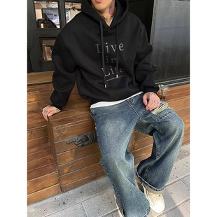 特大码300斤英文短句印花纯棉连帽卫衣男秋冬季长袖t恤宽松外套衫