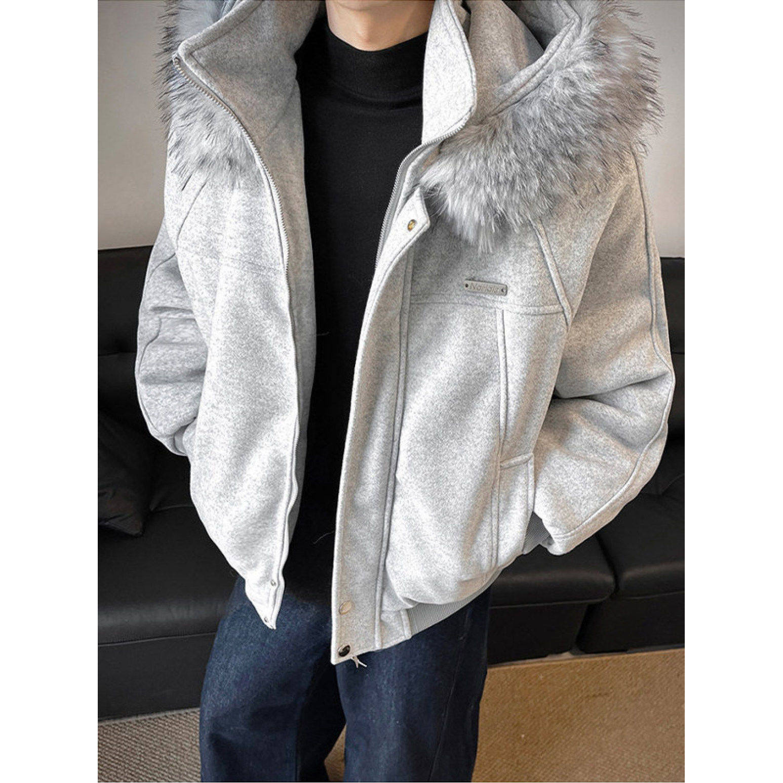 特大码300斤毛领连帽棉服男款冬季保暖毛呢外套美式痞帅宽松棉衣2