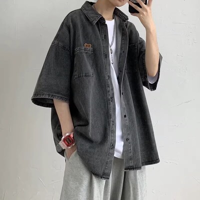 大码300斤牛仔衬衫男短袖夏季