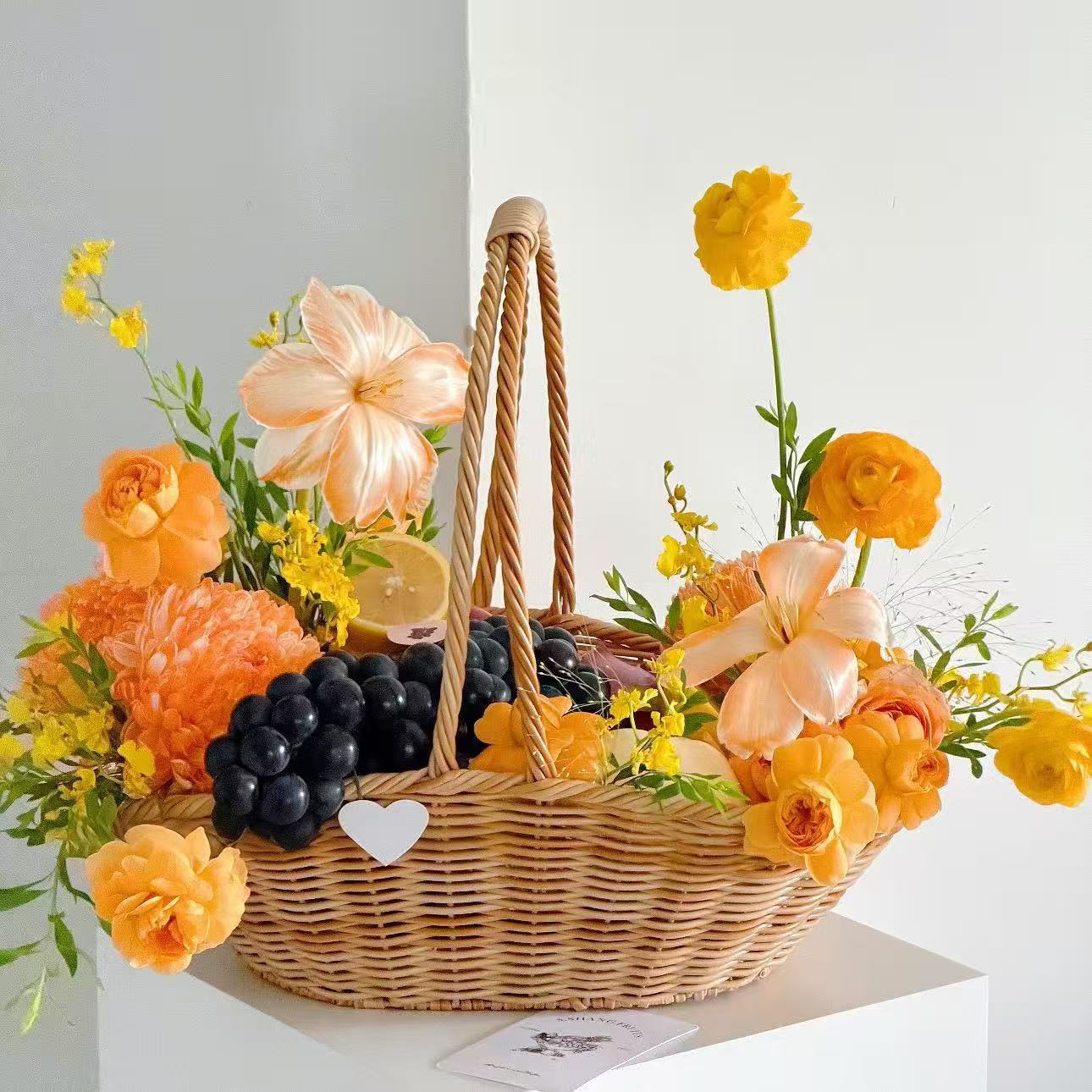 仿藤手提水果大花篮鲜花束插花盒手工花艺礼物包装节日乔迁手提篮