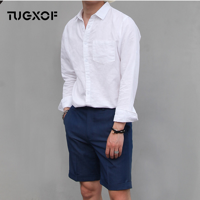 TUGXOF长袖亚麻衬衫男韩版宽松棉麻时尚纯色休闲白衬衣夏秋薄款