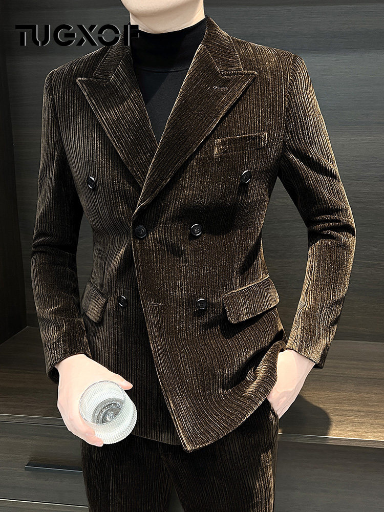 2025新款男士西装套装秋冬韩版商务休闲灯芯绒休闲西服外套轻熟风