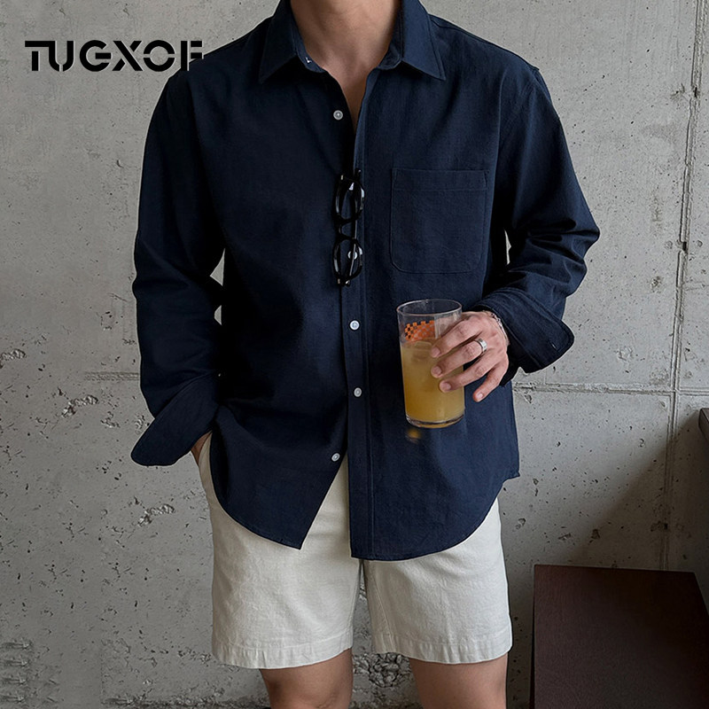 2026新款亚麻海边防晒衬衫男士百搭夏秋薄款宽松休闲简约衬衫男潮