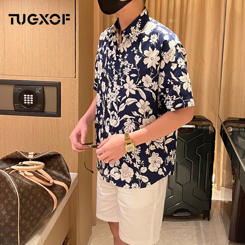 短袖花衬衫夏季薄款气质男士宽松休闲翻领棉印花上衣痞帅海边潮流