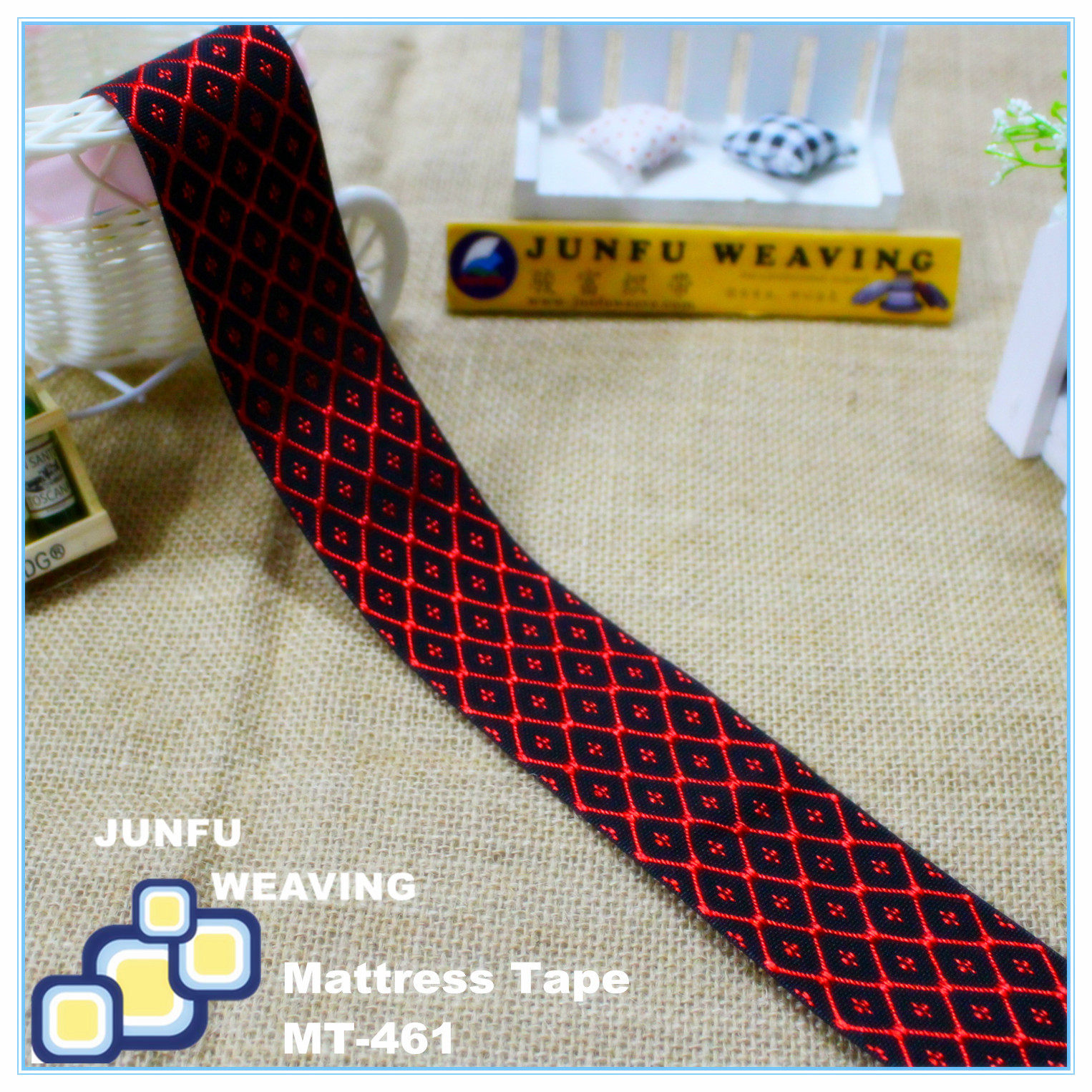 【床垫围边带】MT-461# 黑底大红花纹菱形提花带 包边织带,电子元器件市场,电线扎带/束线带,淘宝优惠券,粉丝福利购,淘宝优惠卷