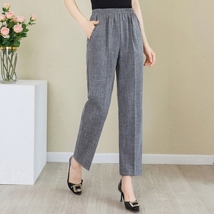 新款妈妈裤子夏季薄款棉麻中老年女裤黑色大码直筒裤老人女休闲裤