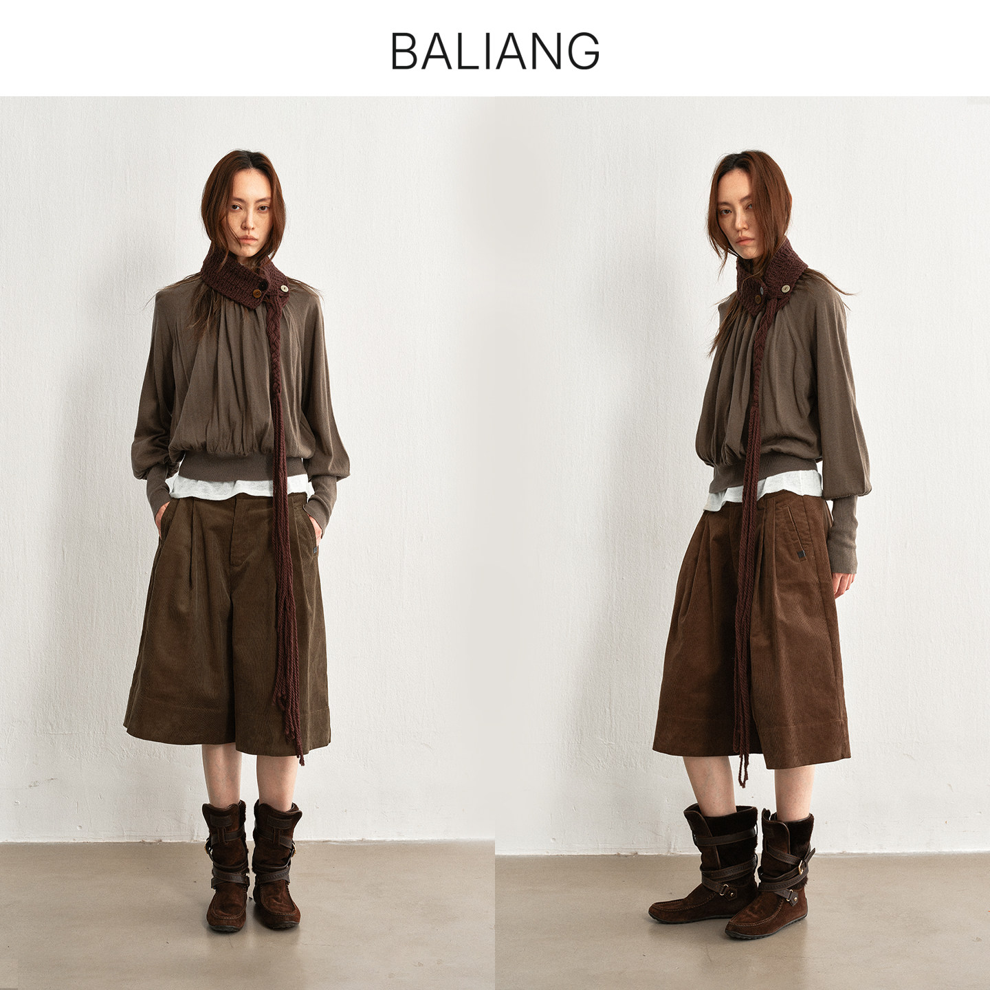 BALIANG捌梁〔络月〕褶皱圆领罗纹蝙蝠长袖套头气质针织毛衣毛衫