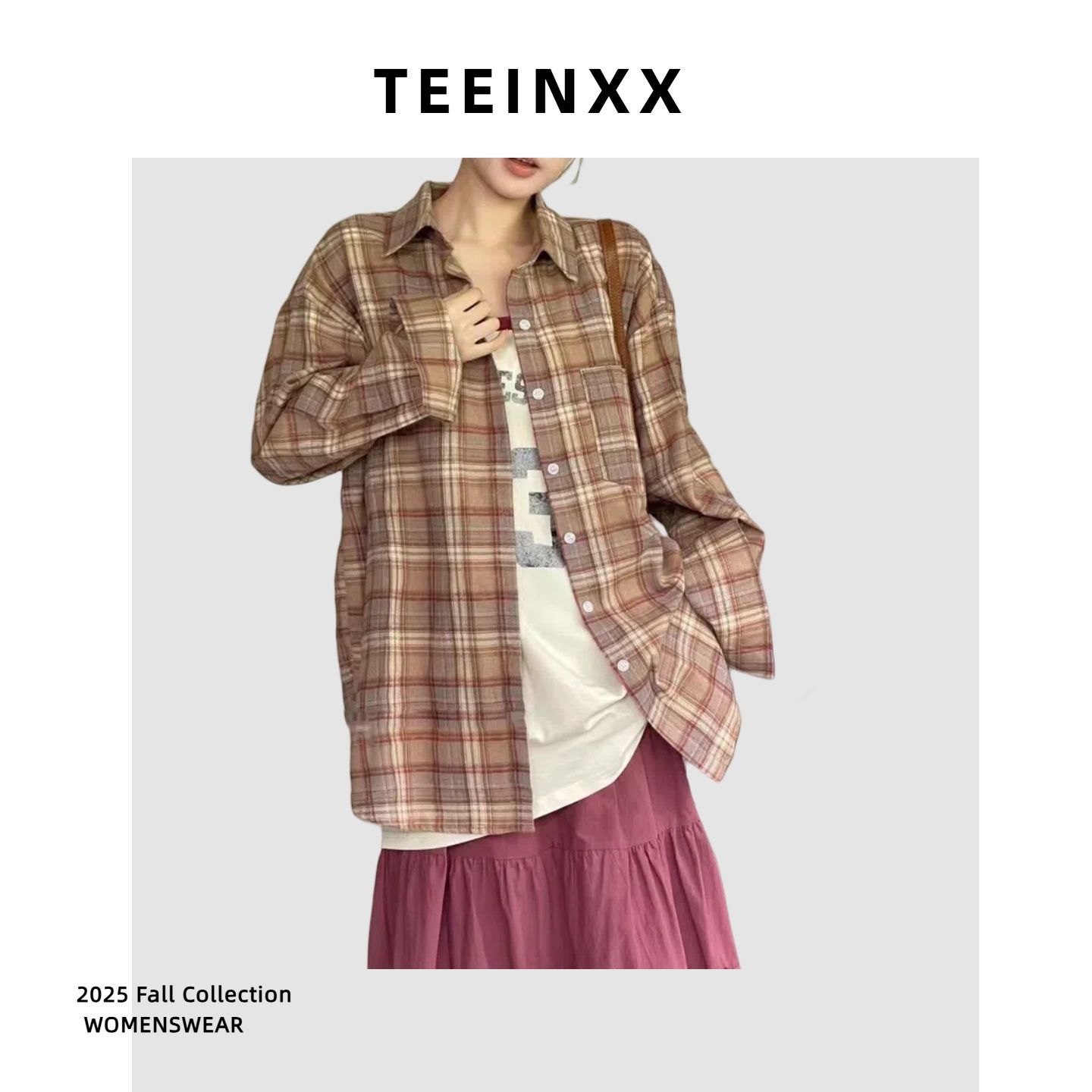 【露露酱NN~】TEEINXX韩系氛围感橙色翻领格子衬衣刺绣宽松衬衫女
