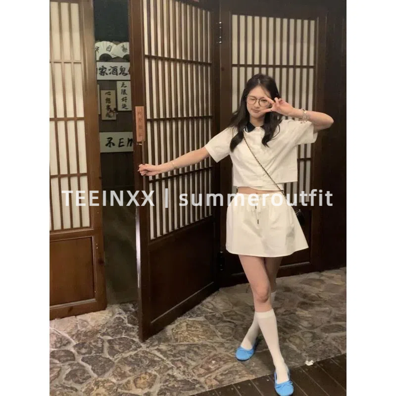学院风减龄海军领白色短袖衬衫