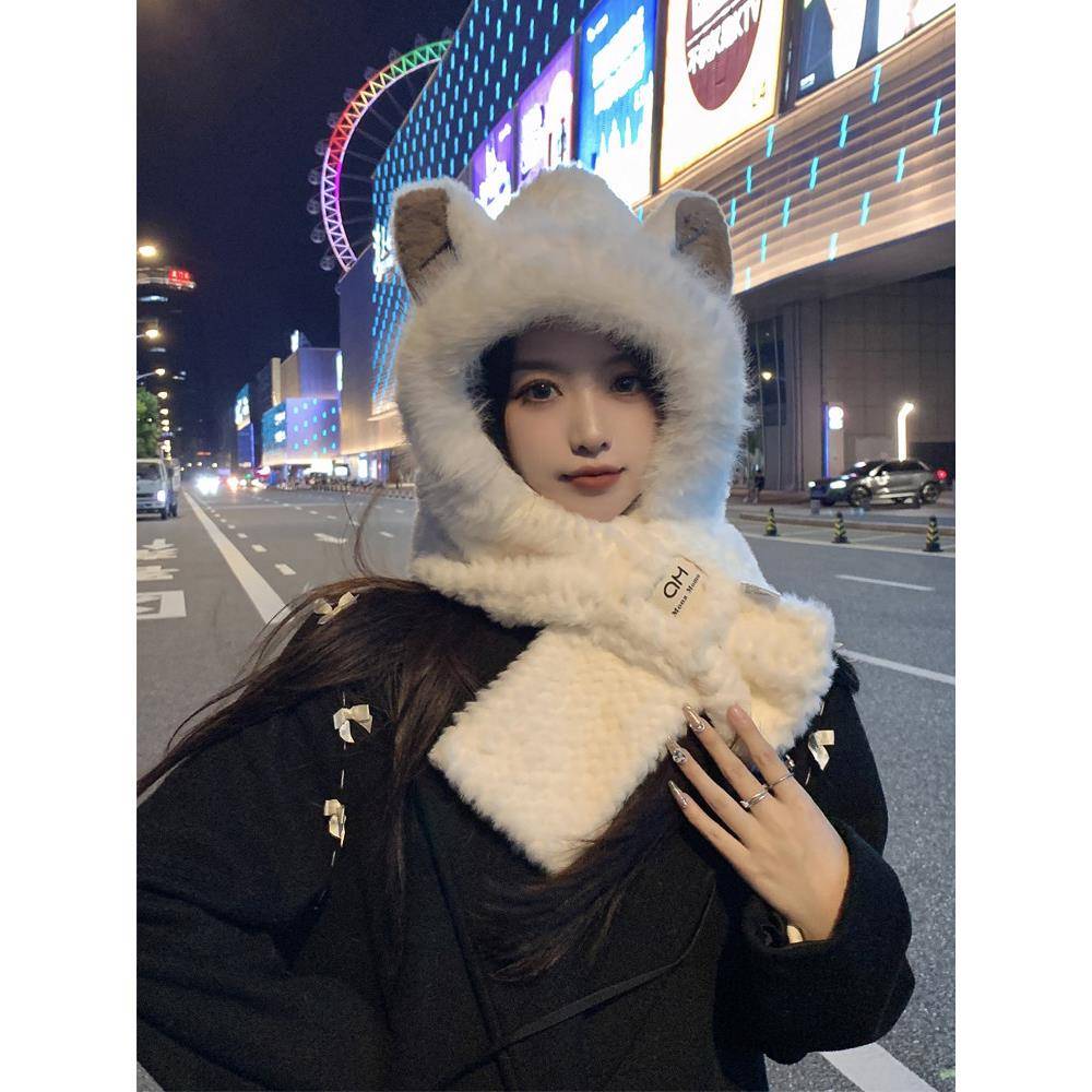 毛绒猫耳帽子女秋冬季大头围巾一体加绒加厚保暖围脖骑行护耳东北