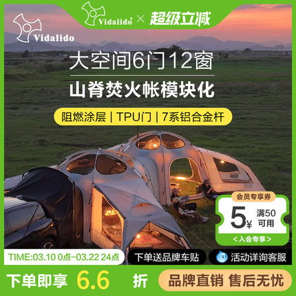 维达利多山脊六角焚火帐7系铝合金杆户外露营野营过夜穹顶帐篷