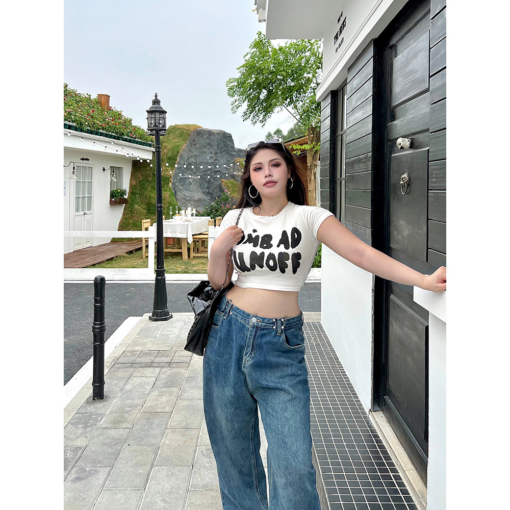 CDSOUL 魔豆姐姐 微胖大码辣妹短款上衣女夏美式字母印花正肩t恤