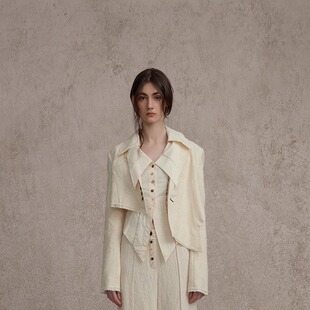 Elywood双领分割蕾丝上衣叠穿白色衬衫 气质穿搭设计感不规则西装