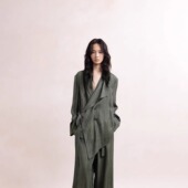 Elywood苔藓绿不规则绑带西装 显白翻领小众设计外套通勤休闲西服