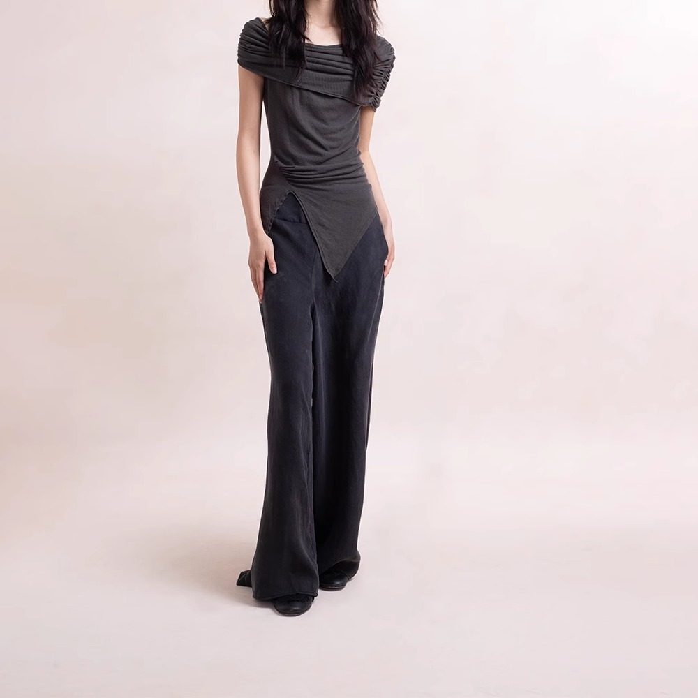 Elywood棕褐色/黑灰色斜门襟阔腿裤设计师品牌休闲宽松时尚长裤女,女装/女士精品,休闲裤,淘宝优惠券,粉丝福利购,淘宝优惠卷