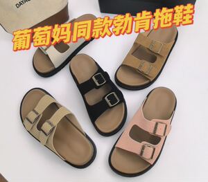 NS踩屎感真皮博肯凉拖鞋女夏外穿2024新款双扣带勃肯半拖鞋