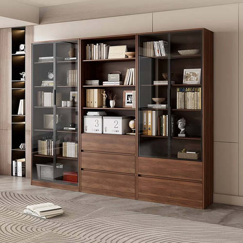 实木书柜储物柜一体家用客厅靠墙带玻璃门自由组合柜子展示柜酒柜