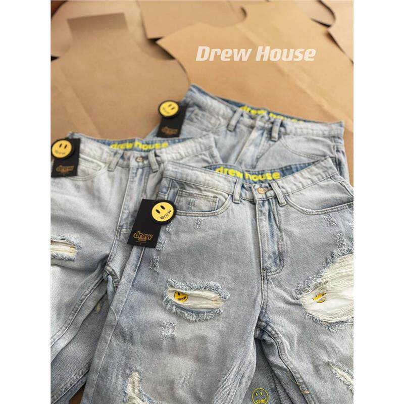 美式黄泥牛仔裤男drew潮牌笑脸破洞情侣宽松高街长裤男裤子女情侣图片