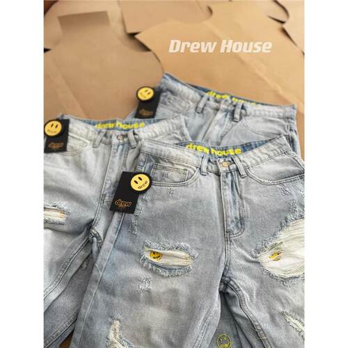 美式黄泥牛仔裤男drew潮牌笑脸破洞情侣宽松高街长裤男裤子女情侣
