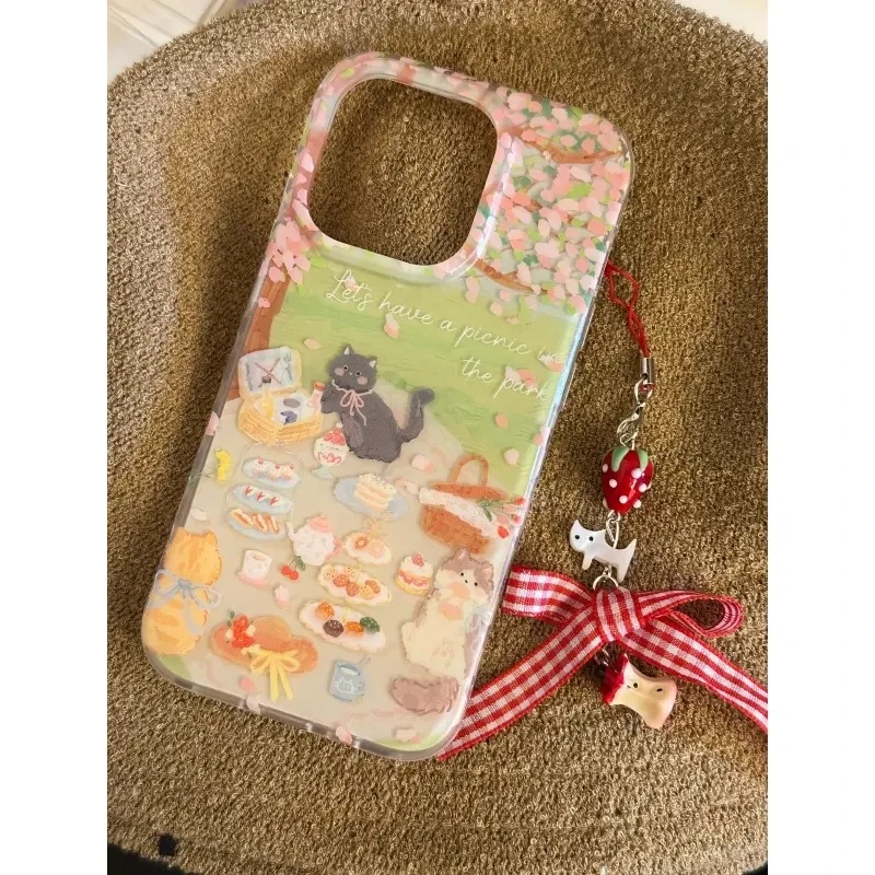 露营野餐猫咪oppoReno14pro手机壳Reno13/12/11双层IMD软findx8可爱少女k12卡通a5pro/a3新款ace5防摔保护套