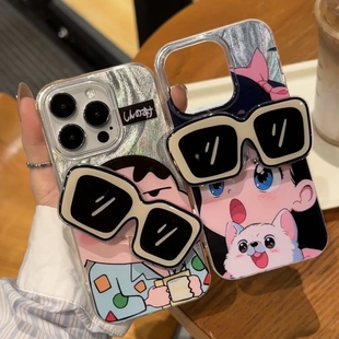 9卡通x7 x6个性 a1高级一加13保护套 小新墨镜支架opporeno13手机壳findx8新款 k12女a3可爱reno12pro