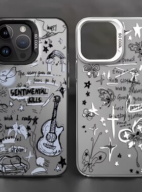 涂鸦吉他蝴蝶适用苹果17promax手机壳新款iphone16plus磨砂15/14/13pm创意12p情侣男女11软边xsmax防摔保护套