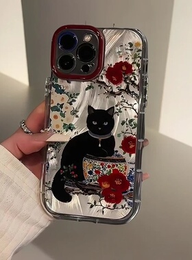 梅花黑猫羽纱泡芙适用小米15pro手机壳红米k80/k70镜头全包小米14软硅胶k6050卡通女note13/12pro防摔保护套