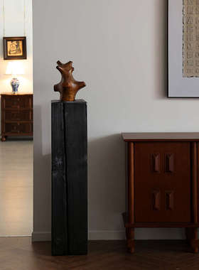 形上实木雕塑摆件落地碳化木柱子侘寂风玄关楼梯转角墩子