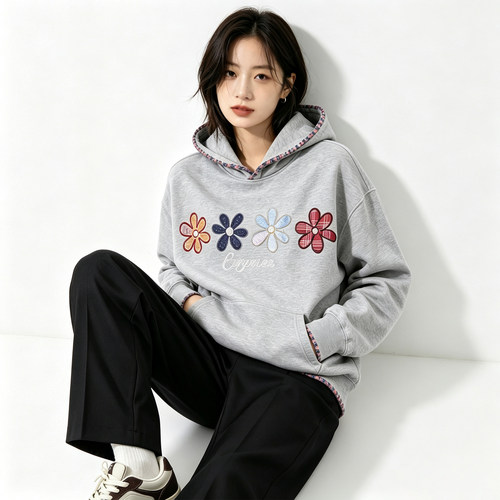 美式高街小花刺绣连帽卫衣女秋冬