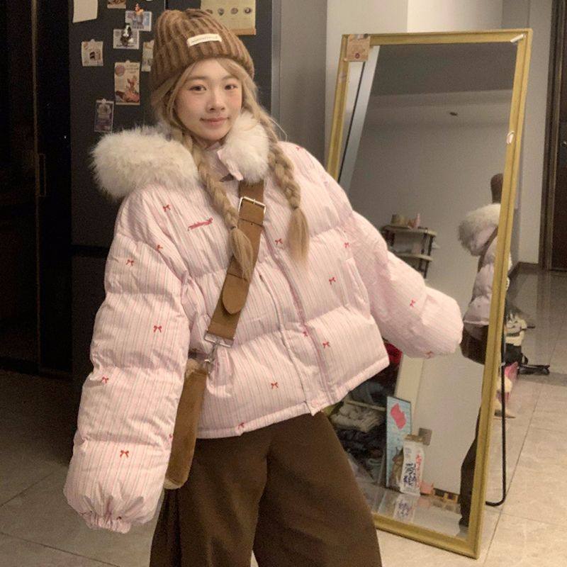 网图美式设计感条纹蝴蝶结毛领连帽棉服外套冬季加厚保暖棉衣女