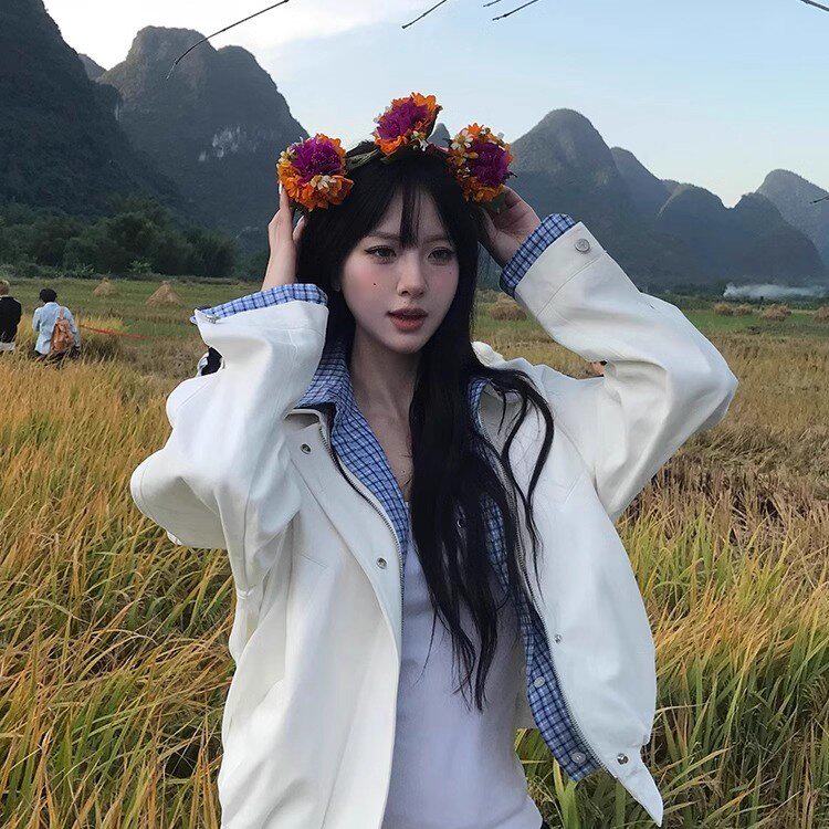 格子撞色翻领刺绣假两件夹克棉衣外套女冬季宽松休闲设计感上衣