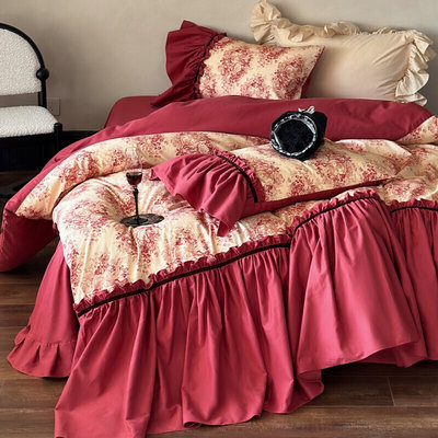 杜乐丽庄园︱法式复古花全棉贡缎磨毛四件套纯棉床上用品红色结婚