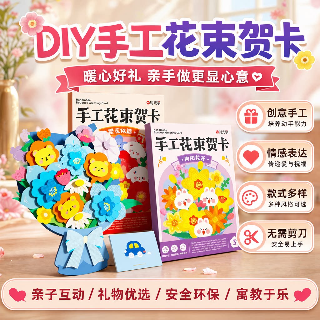 花束贺卡时光学教师节手工花束贺卡创意3D立体手工diy材料花朵贺卡高级感祝福生日教师节母亲节礼物祝福花束留言卡片贺卡礼物