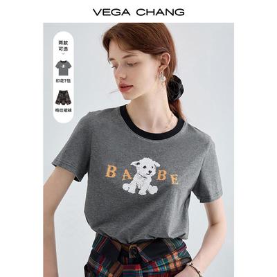 VEGA CHANG短袖女t恤夏2025新款设计感印花小狗宽松灰色圆领上衣