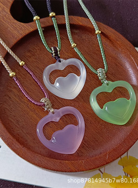 厂家心心相印玉坠玛瑙玉髓桃心吊坠白玉髓粉紫色苹果绿色项链