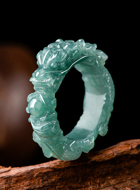 高档天然A货蓝水翡翠龙王戒指立体雕冰种玉石玉指环龙扳指男戒