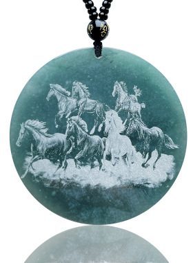 八骏马影雕翡翠吊坠正品A货天然翡翠八骏图玉佩生肖马挂件