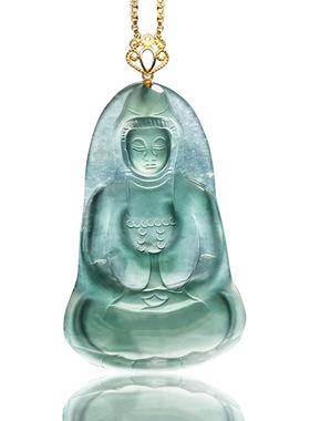 中号冰种蓝水素衣观音翡翠吊坠A货天然翡翠玉石玉观音18K金扣头